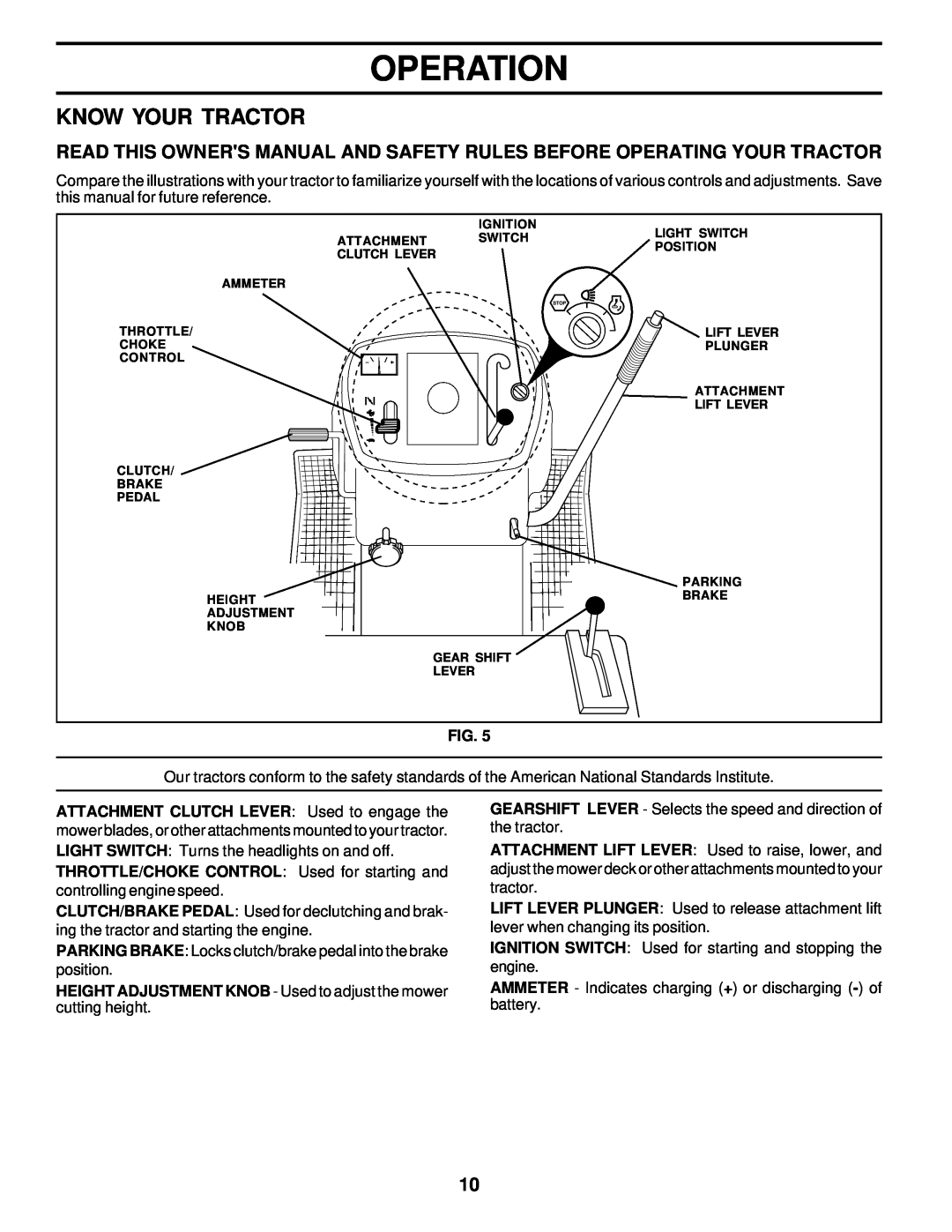 Poulan 177545 owner manual Know Your Tractor, Operation, HEIGHT ADJUSTMENT KNOB - Used to adjust the mower cutting height 
