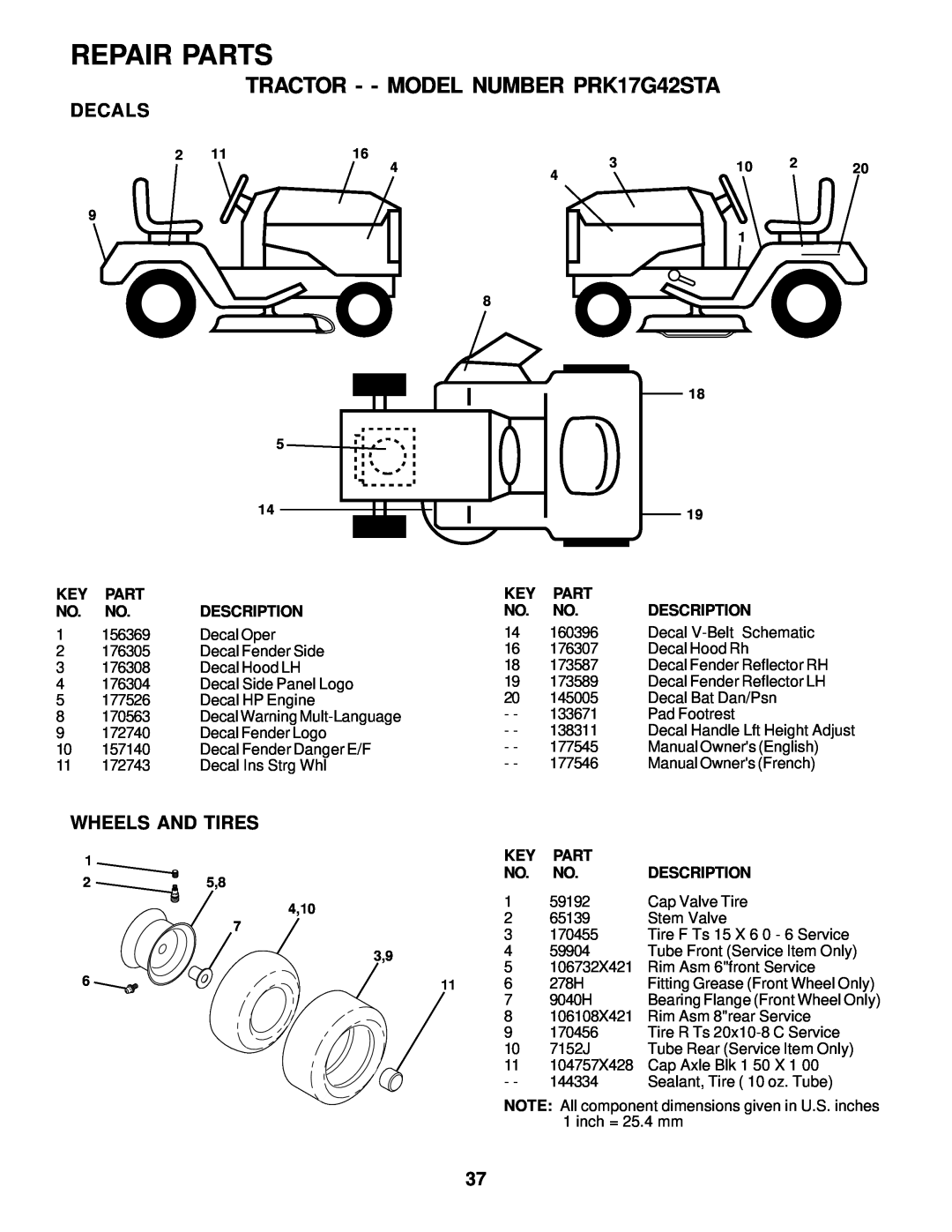 Poulan 177545 owner manual Decals, Wheels And Tires, Repair Parts, TRACTOR - - MODEL NUMBER PRK17G42STA 
