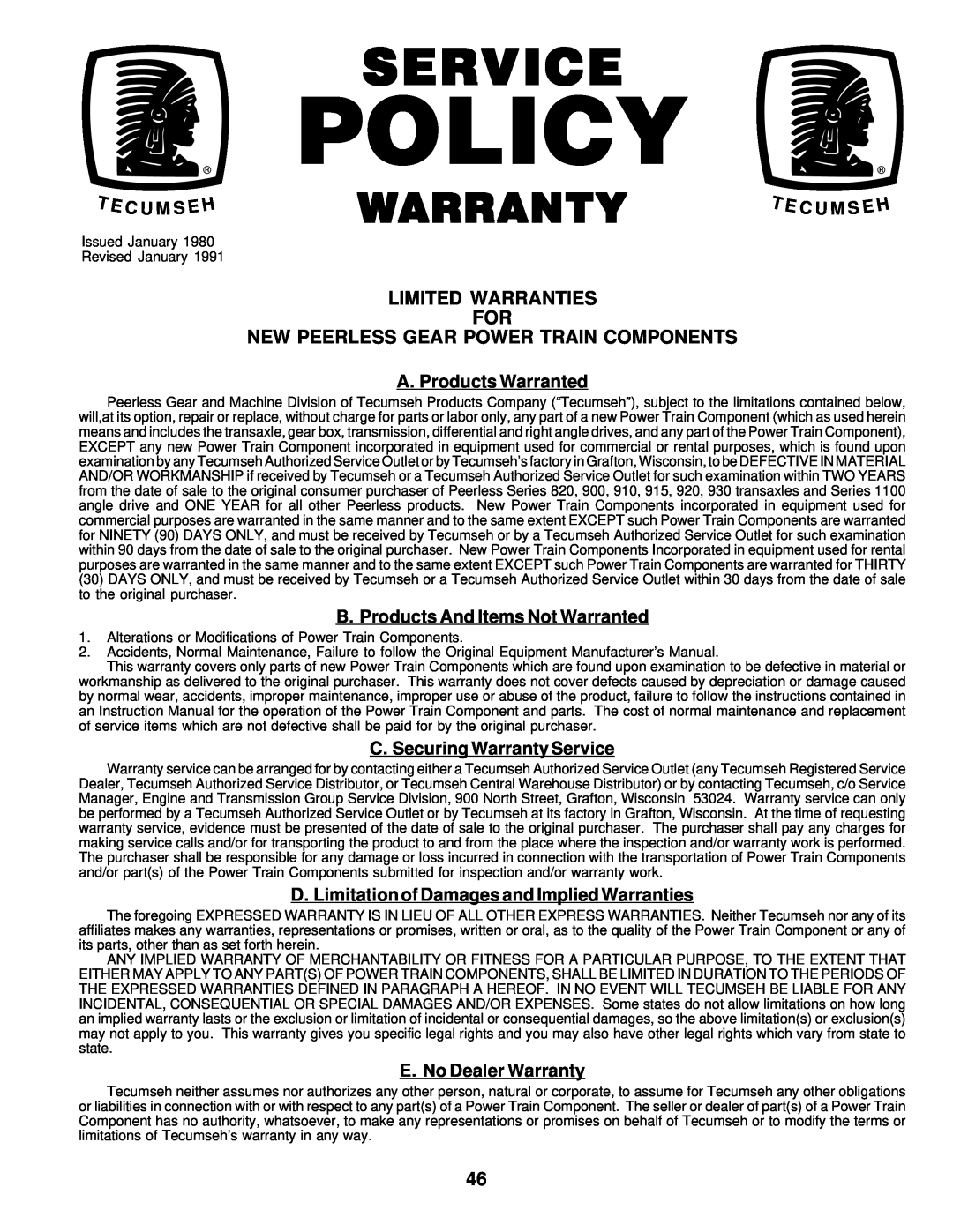 Poulan 177545 Warranty, Limited Warranties For New Peerless Gear Power Train Components, T E C U M S Eh, Policy, Service 