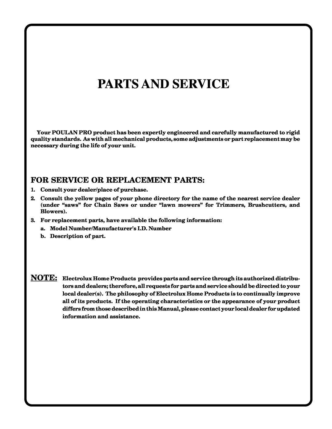 Poulan 177545 owner manual Parts And Service, For Service Or Replacement Parts 