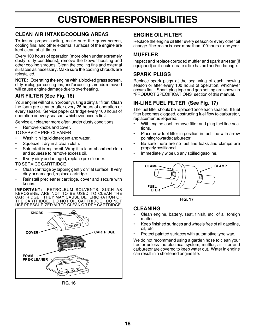 Poulan 177552 owner manual Clean AIR INTAKE/COOLING Areas, Engine OIL Filter, Muffler, Spark Plugs, Cleaning 