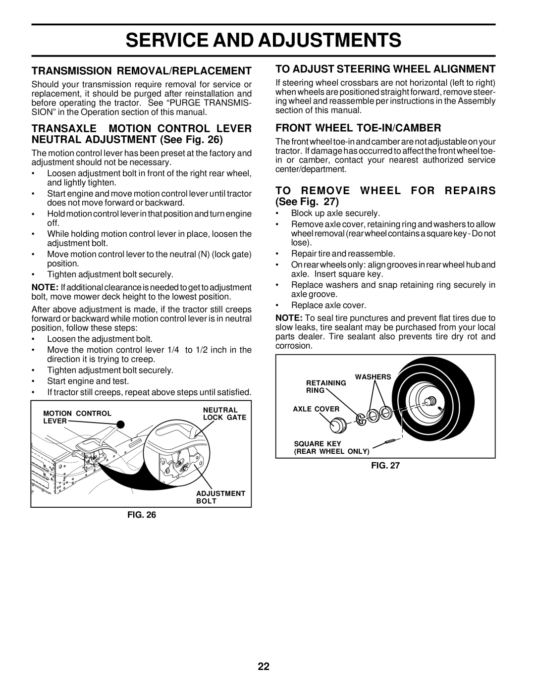 Poulan 177552 owner manual Transmission REMOVAL/REPLACEMENT, Transaxle Motion Control Lever Neutral Adjustment See Fig 