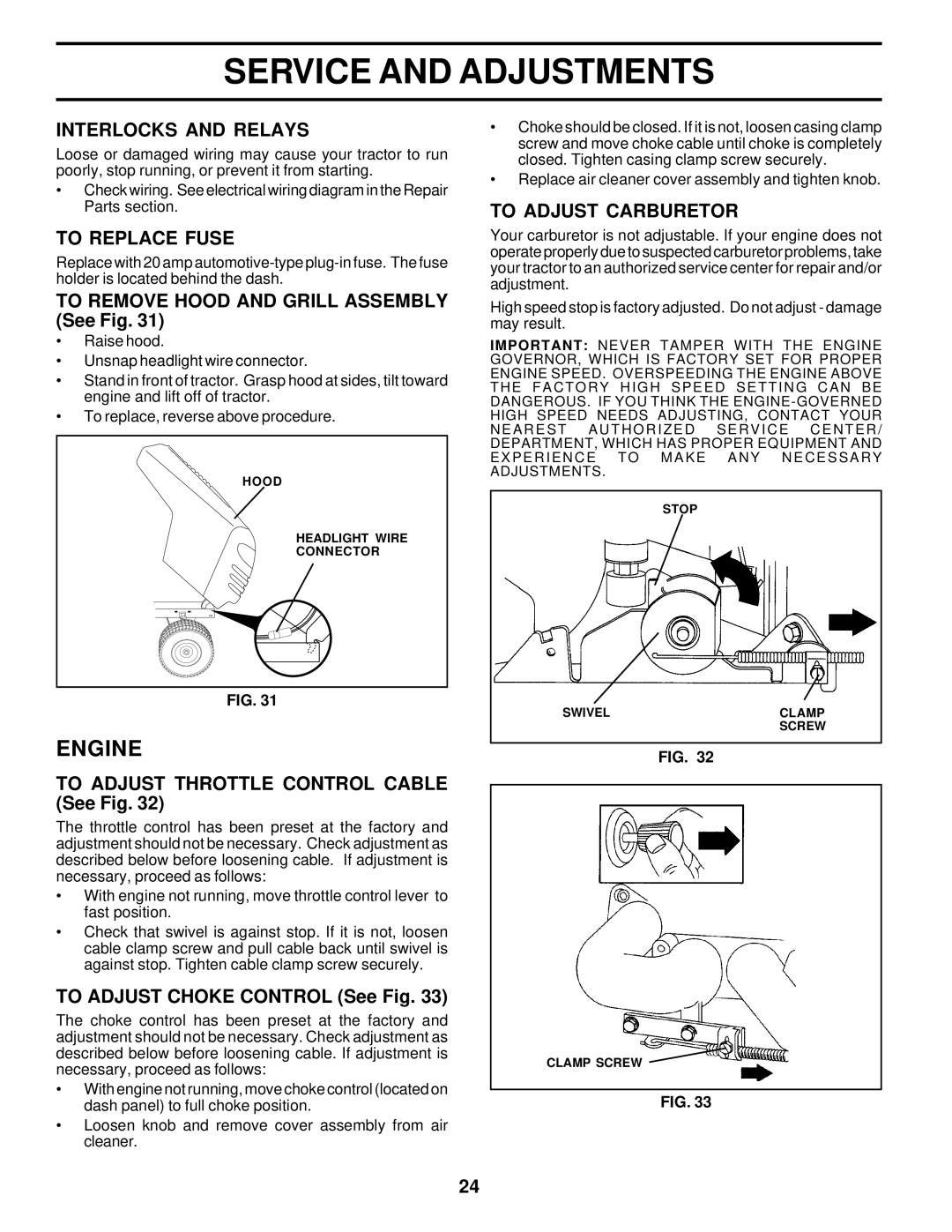 Poulan 177552 owner manual Interlocks and Relays, To Replace Fuse, To Adjust Carburetor 