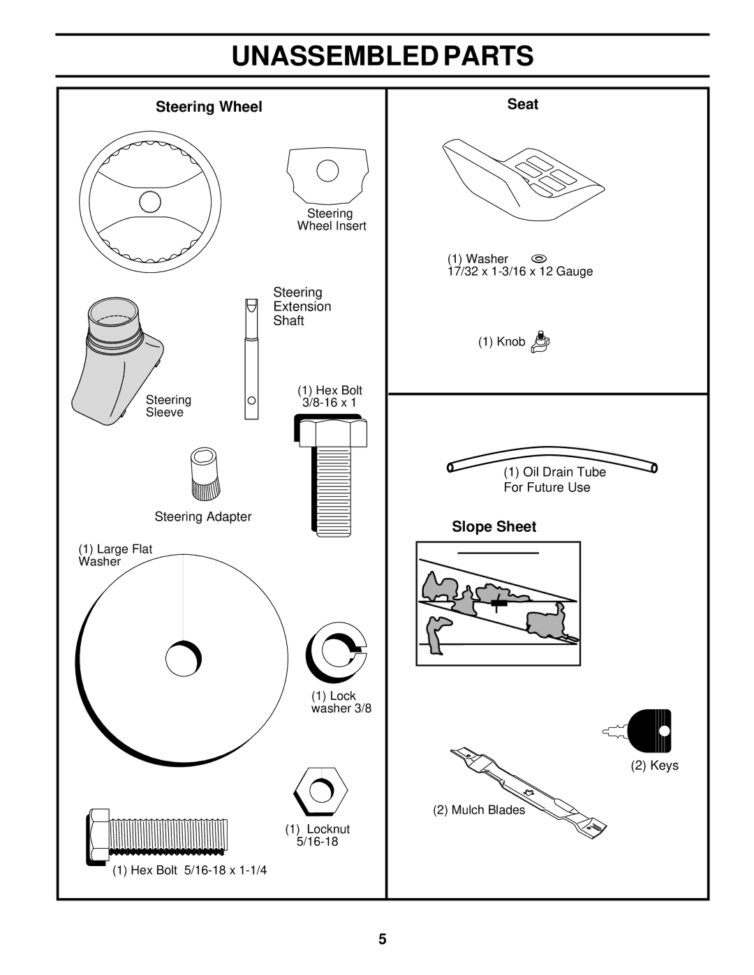 Poulan 177552 owner manual Unassembled Parts, Steering Wheel Seat, Slope Sheet 