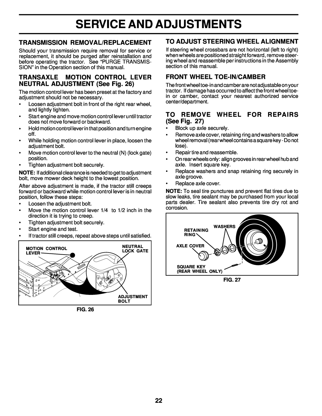 Poulan 177552 owner manual Transmission Removal/Replacement, To Adjust Steering Wheel Alignment, Front Wheel Toe-In/Camber 