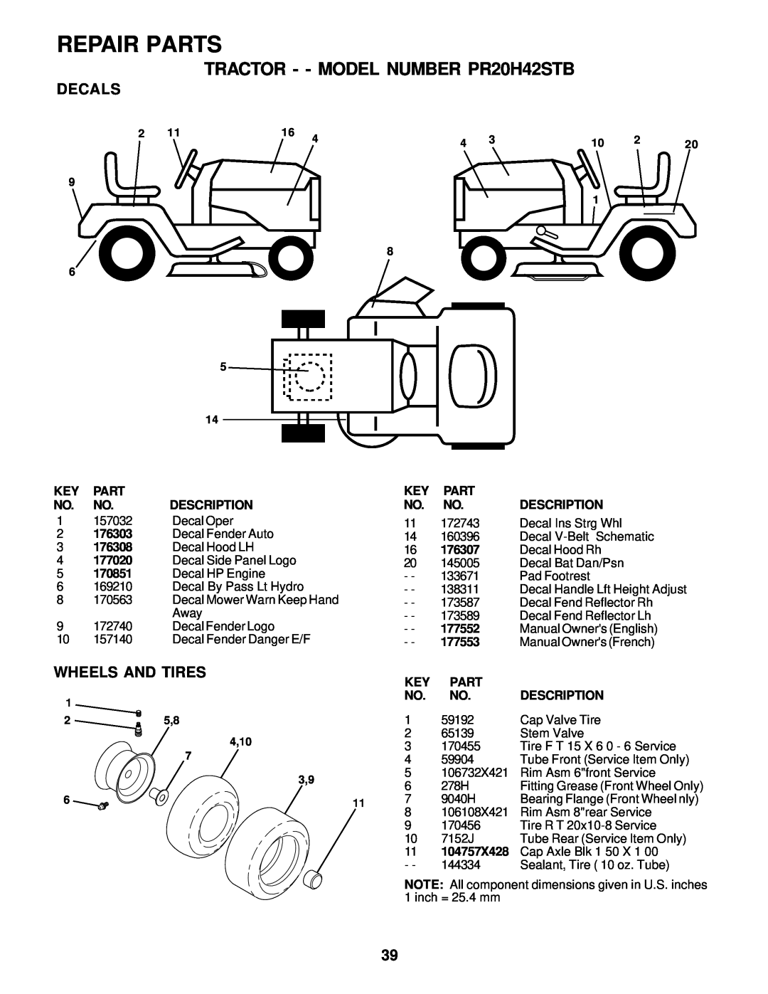 Poulan 177552 owner manual Decals, Wheels And Tires, Repair Parts, TRACTOR - - MODEL NUMBER PR20H42STB 