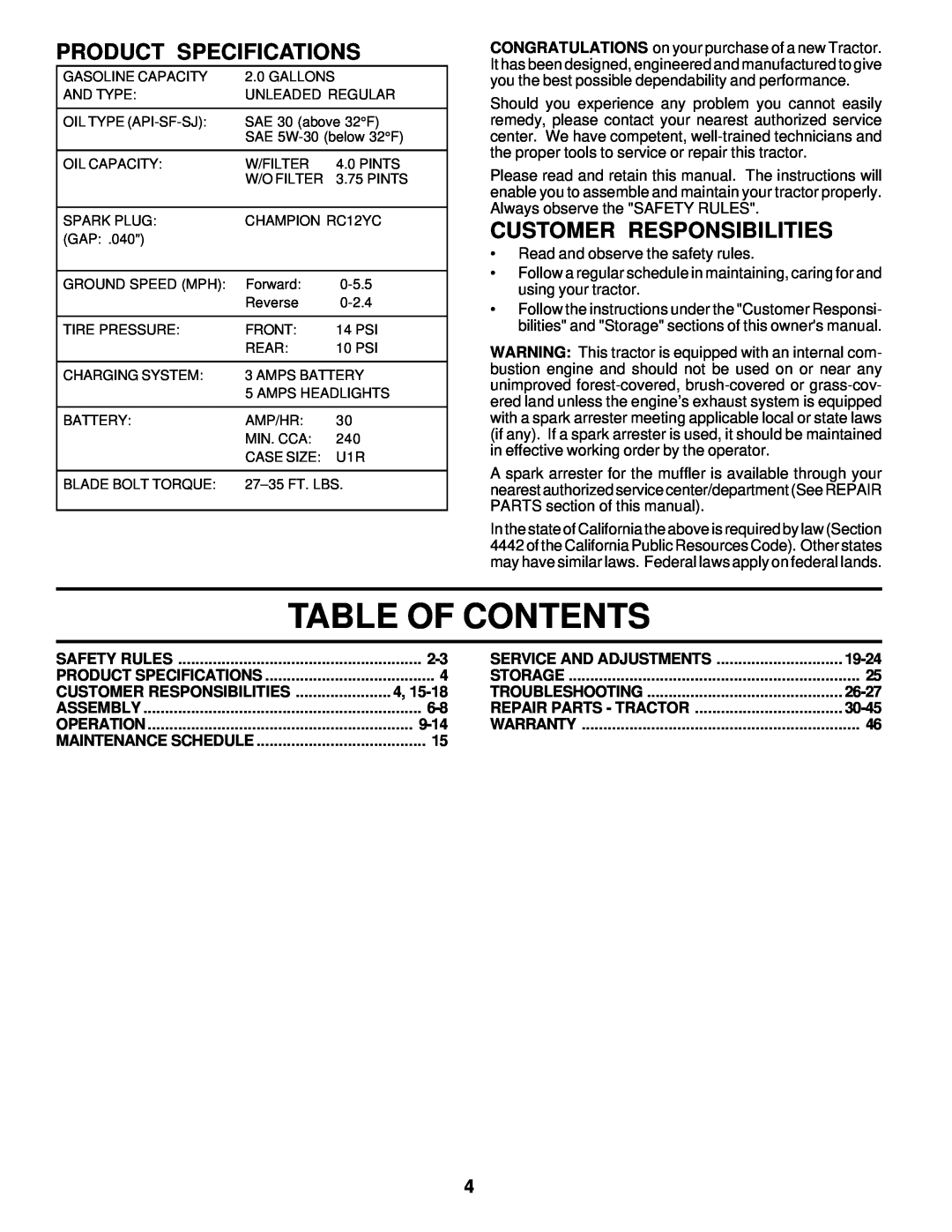 Poulan 177552 owner manual Table Of Contents, Product Specifications, Customer Responsibilities 