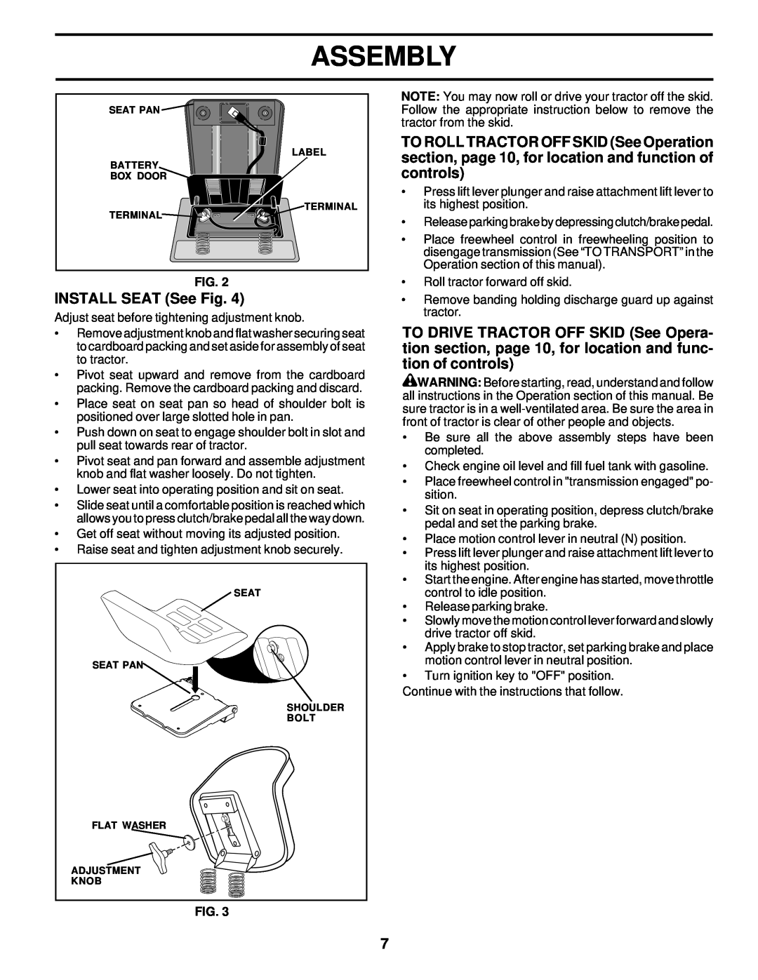 Poulan 177552 owner manual INSTALL SEAT See Fig, Assembly 