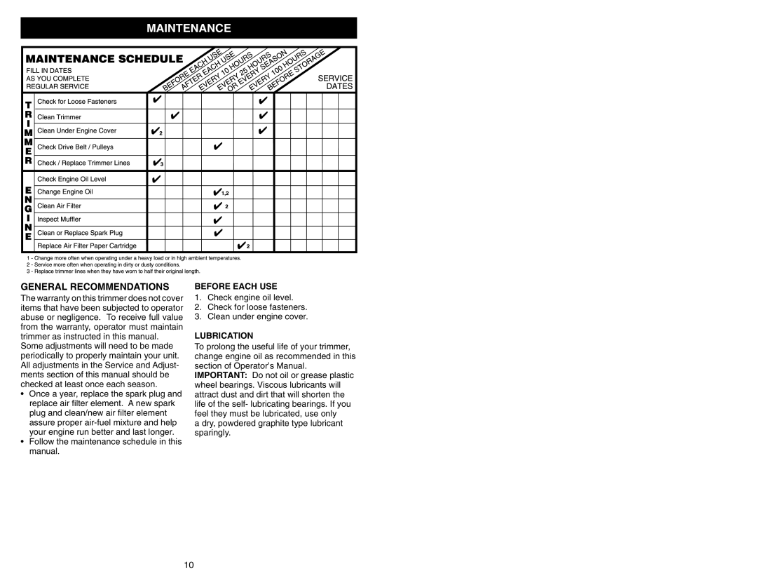 Poulan 177817 manual Maintenance, General Recommendations, Before Each USE, Lubrication 