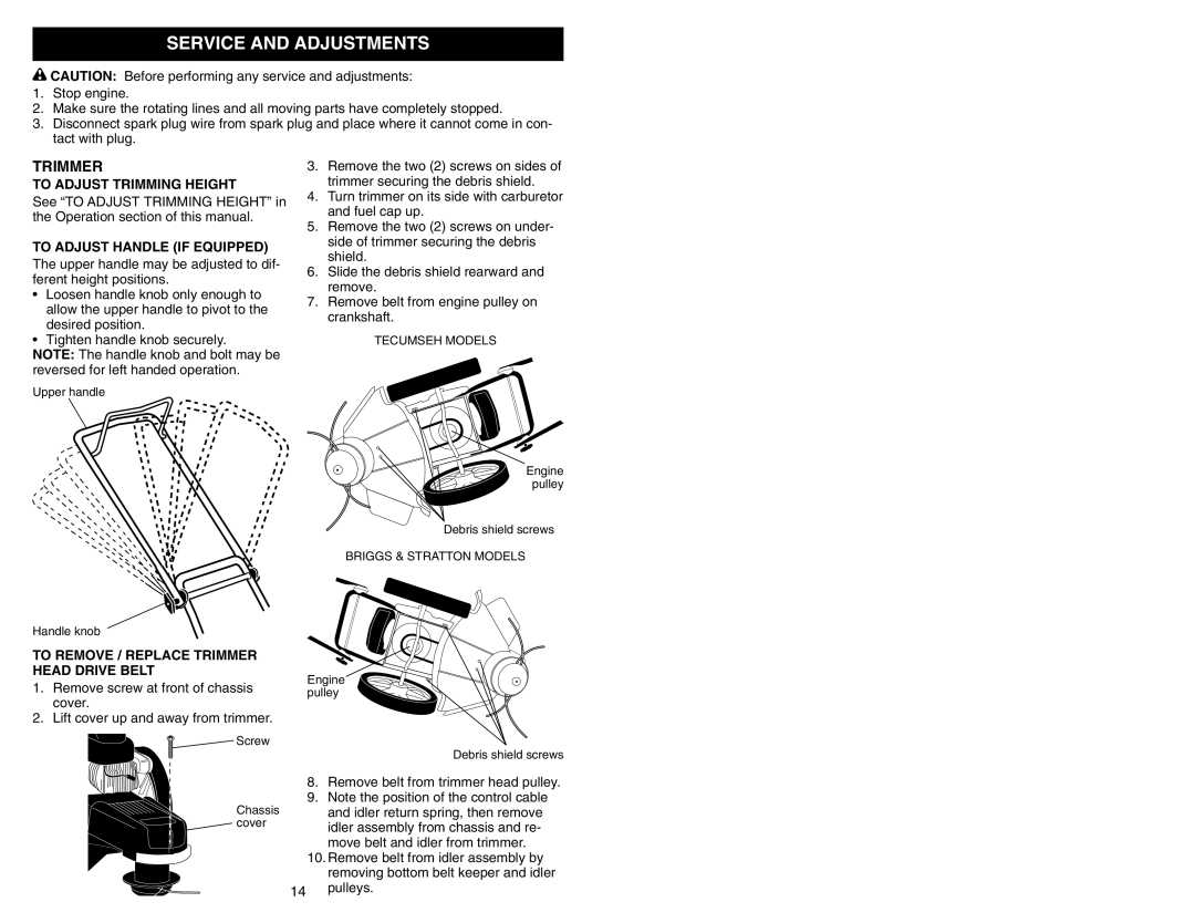 Poulan 177817 manual Service and Adjustments, To Adjust Trimming Height, To Adjust Handle if Equipped 