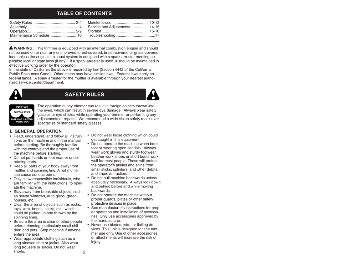 Poulan 177817 manual Table of Contents, Safety Rules 