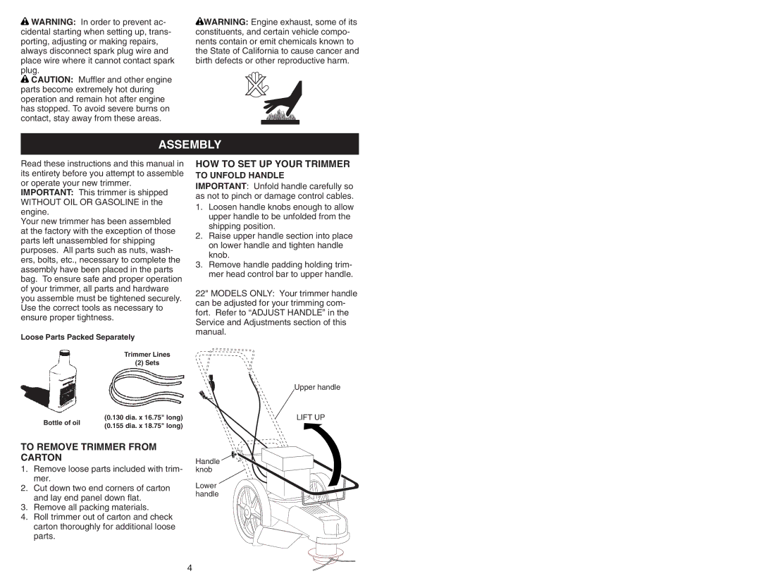 Poulan 177817 manual Assembly, To Remove Trimmer from Carton, HOW to SET UP Your Trimmer, To Unfold Handle 