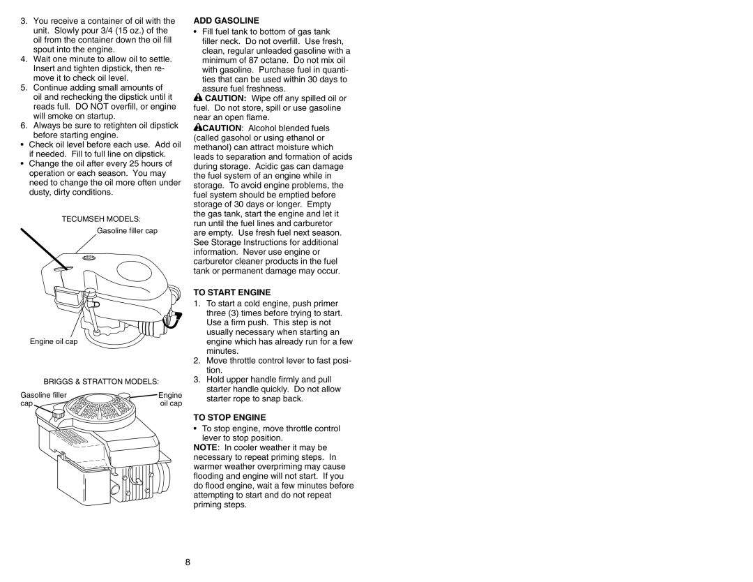 Poulan 177817 manual ADD Gasoline, To Start Engine, To Stop Engine 