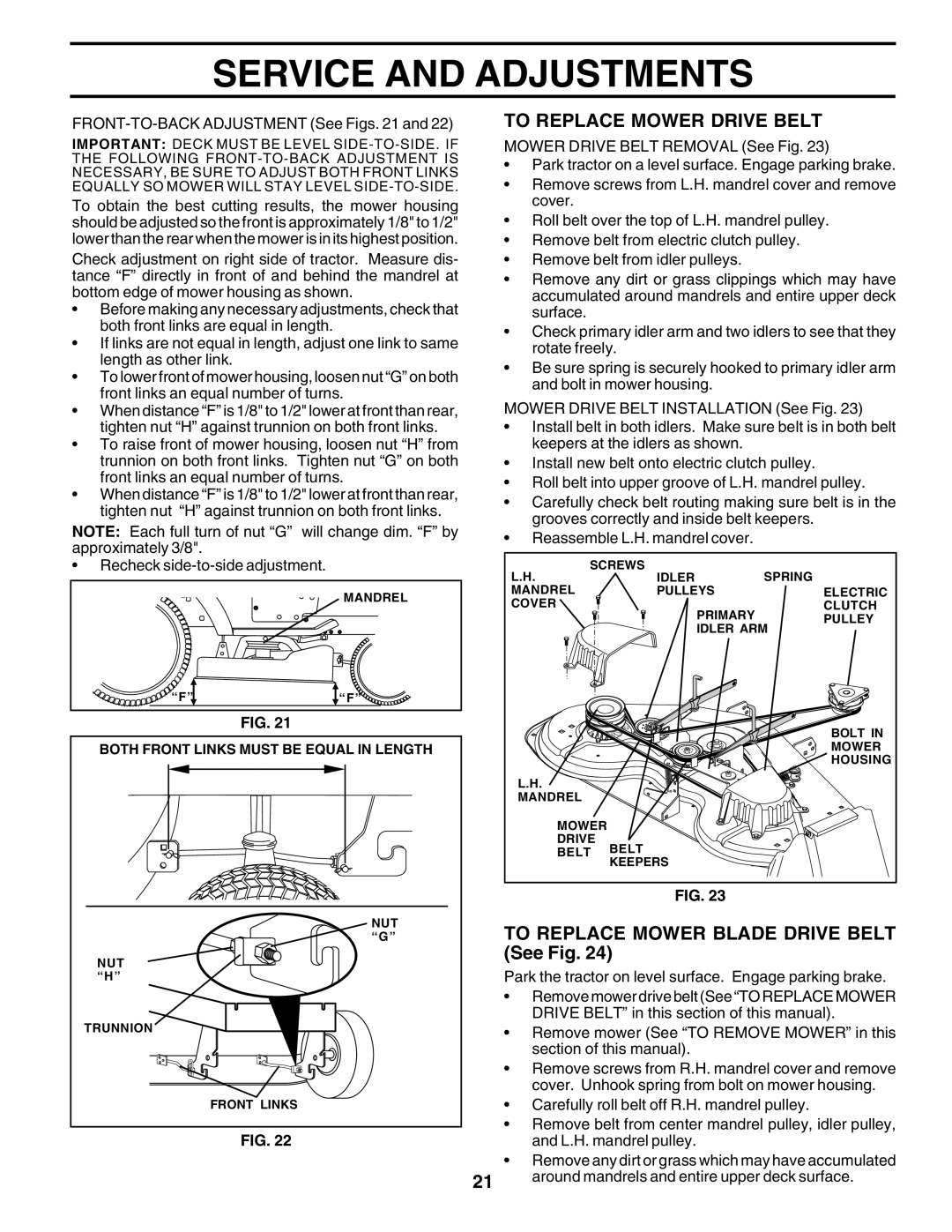 Poulan 177937 owner manual To Replace Mower Drive Belt, To Replace Mower Blade Drive Belt See Fig 