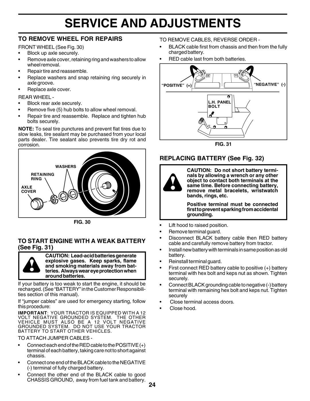 Poulan 177937 To Remove Wheel for Repairs, To Start Engine with a Weak Battery See Fig, Replacing Battery See Fig 