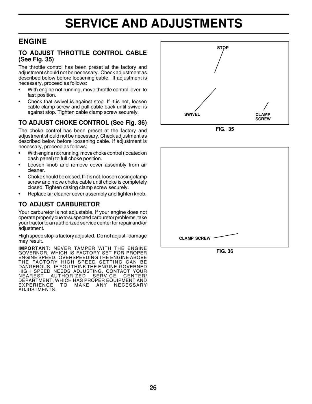 Poulan 177937 owner manual To Adjust Throttle Control Cable See Fig, To Adjust Choke Control See Fig, To Adjust Carburetor 