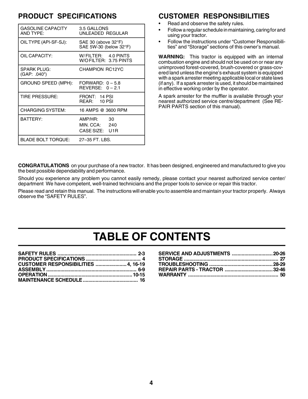 Poulan 177937 owner manual Table of Contents 