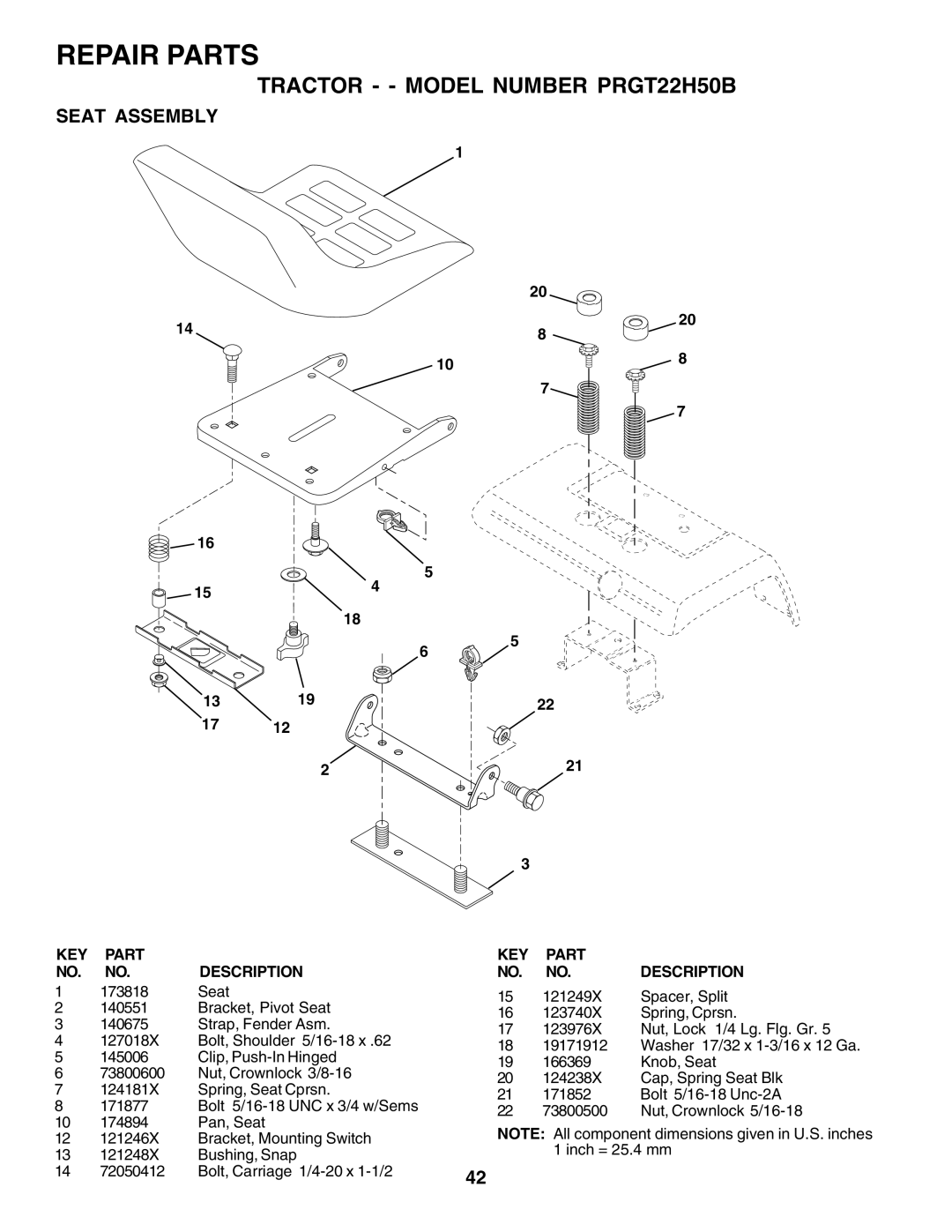 Poulan 177937 owner manual Seat Assembly, KEY Part NO. NO. Description 