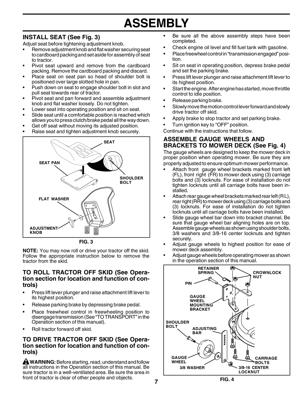 Poulan 177937 owner manual Install Seat See Fig, Assemble Gauge Wheels and Brackets to Mower Deck See Fig 