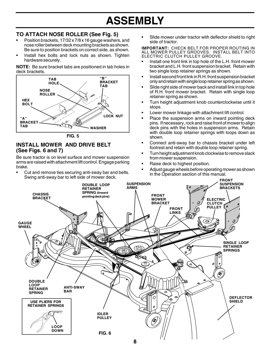 Poulan 177937 owner manual To Attach Nose Roller See Fig, Install Mower and Drive Belt, See Figs 