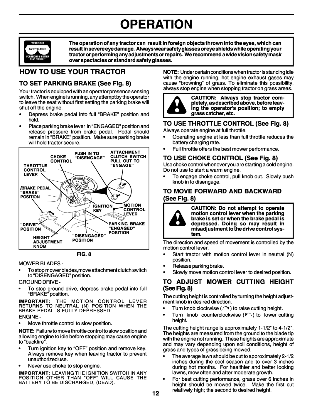 Poulan 177937 How To Use Your Tractor, Operation, TO SET PARKING BRAKE See Fig, TO USE THROTTLE CONTROL See Fig 