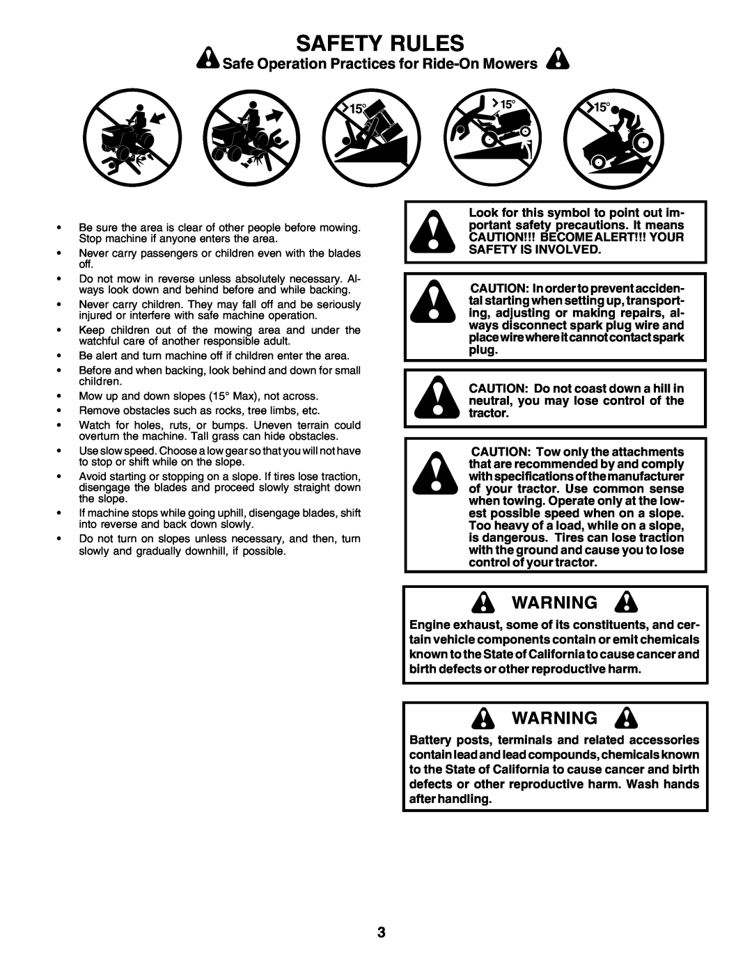 Poulan 177937 owner manual Safety Rules, Safe Operation Practices for Ride-On Mowers 