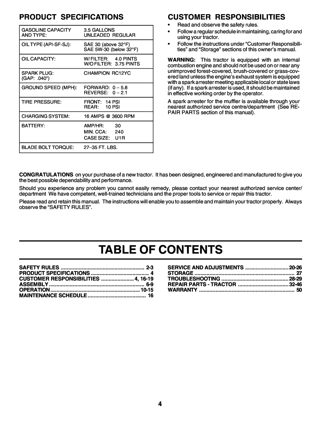 Poulan 177937 owner manual Table Of Contents, Product Specifications, Customer Responsibilities 