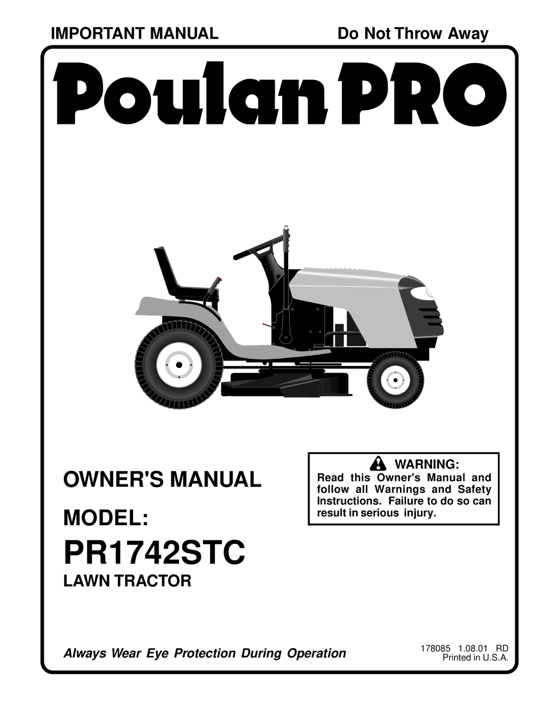 Poulan 178085 owner manual PR1742STC 