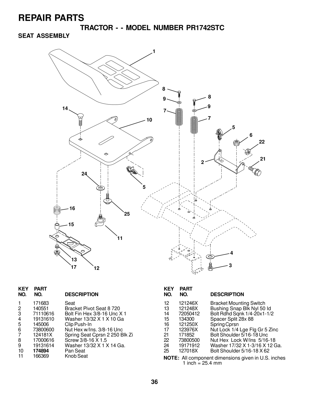 Poulan 178085 owner manual Seat Assembly, 174894 