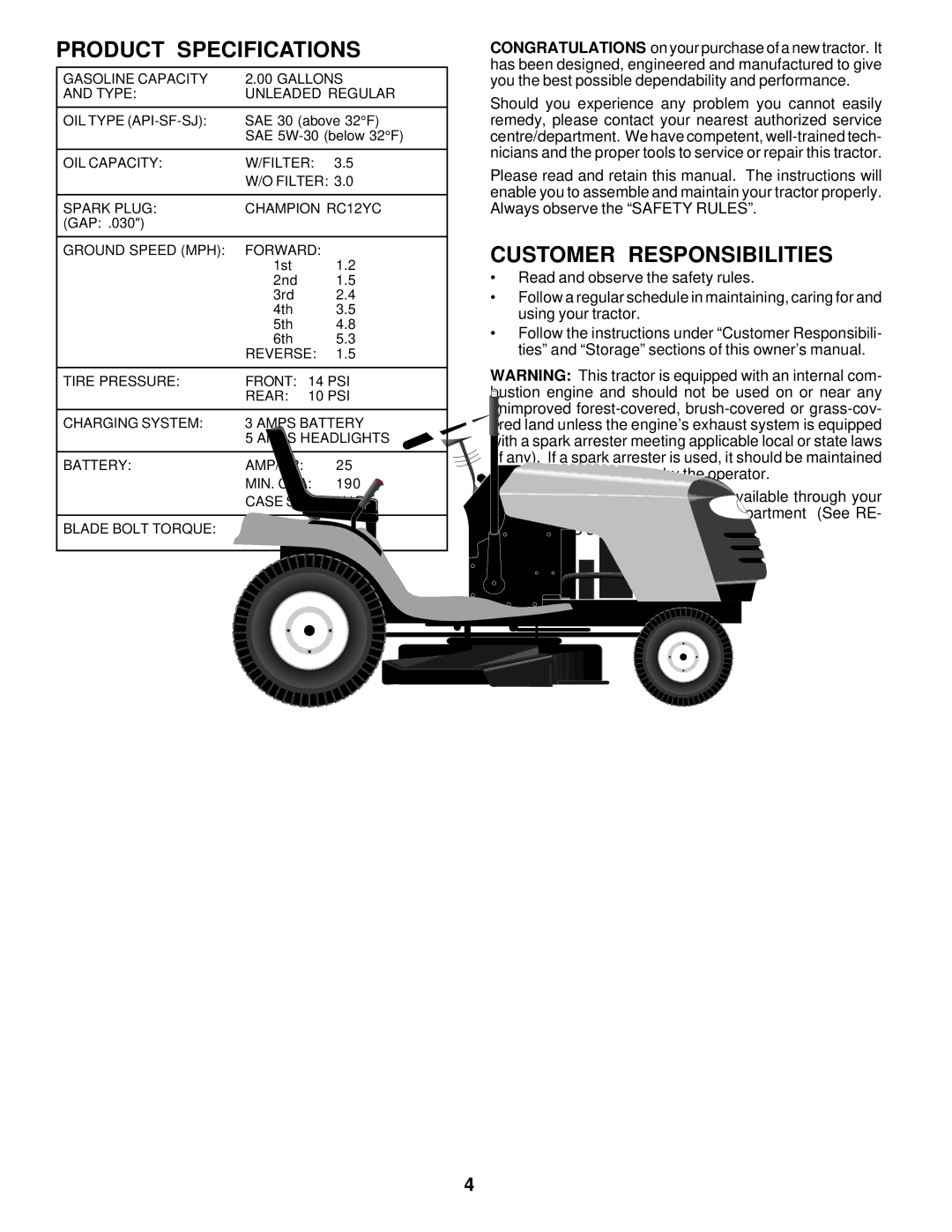 Poulan 178085 owner manual Product Specifications, Customer Responsibilities 