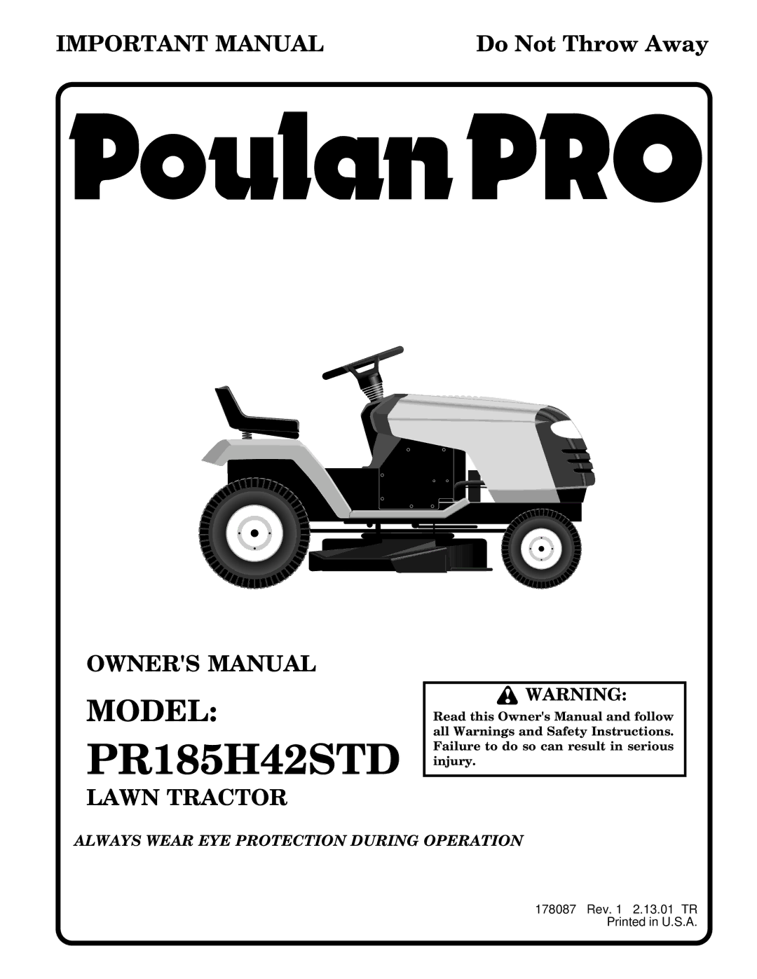 Poulan 178087 owner manual PR185H42STD 