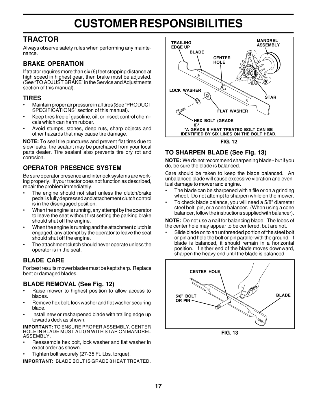 Poulan 178087 owner manual Tractor, Brake Operation, Tires, Operator Presence System, Blade Care 