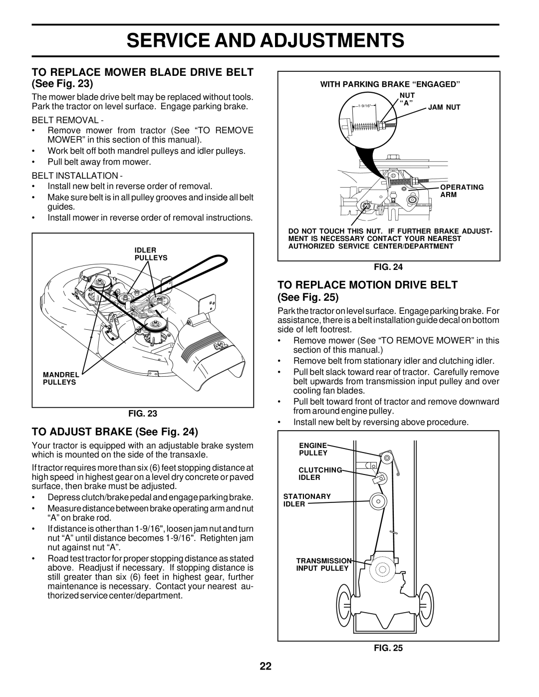 Poulan 178087 To Replace Mower Blade Drive Belt See Fig, To Adjust Brake See Fig, To Replace Motion Drive Belt See Fig 