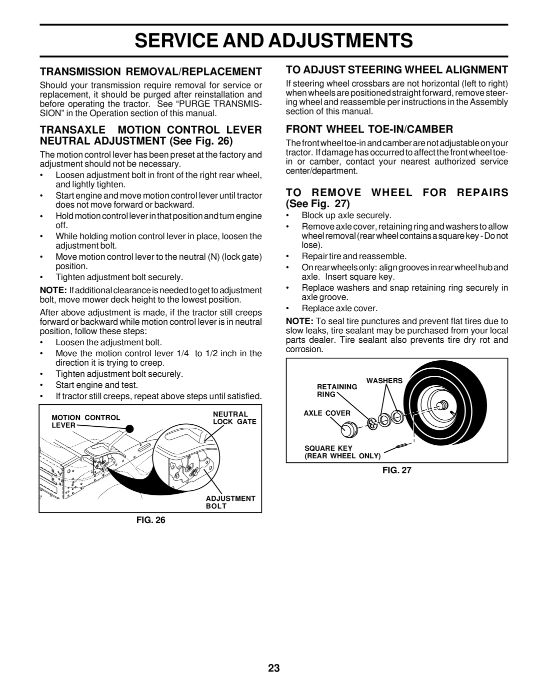 Poulan 178087 owner manual Transmission REMOVAL/REPLACEMENT, Transaxle Motion Control Lever Neutral Adjustment See Fig 