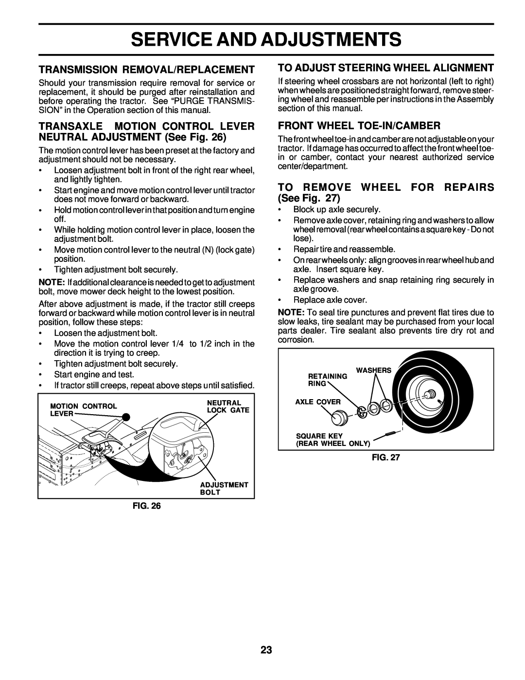 Poulan 178087 owner manual Transmission Removal/Replacement, TRANSAXLE MOTION CONTROL LEVER NEUTRAL ADJUSTMENT See Fig 