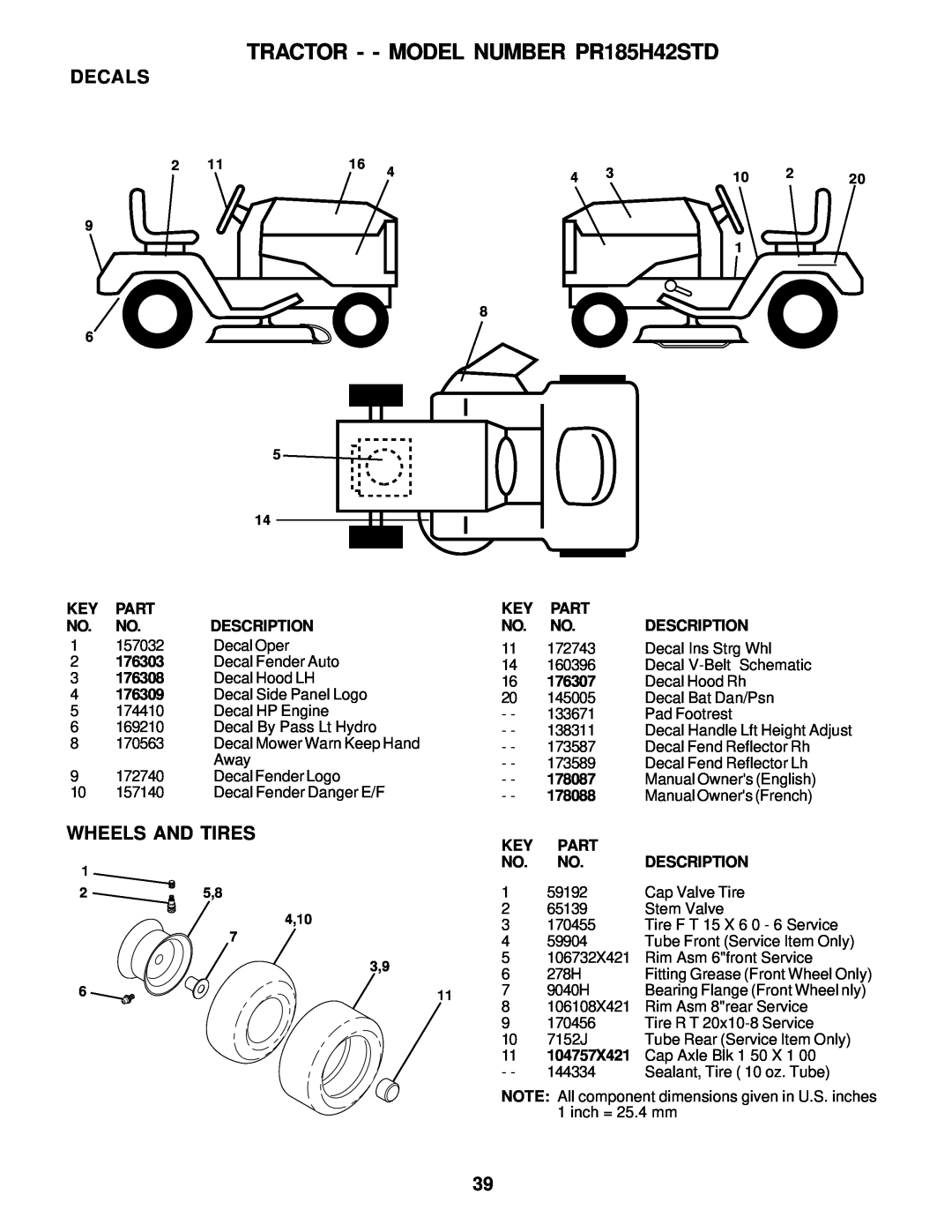 Poulan 178087 owner manual Decals, Wheels And Tires, TRACTOR - - MODEL NUMBER PR185H42STD, Part, 4,10 
