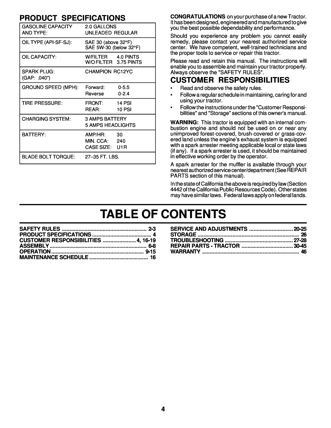 Poulan 178087 owner manual Table Of Contents, Product Specifications, Customer Responsibilities 