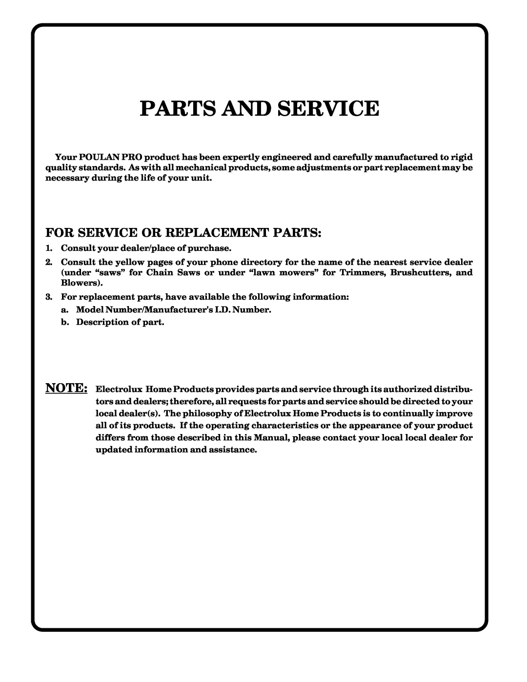Poulan 178087 owner manual Parts And Service, For Service Or Replacement Parts 