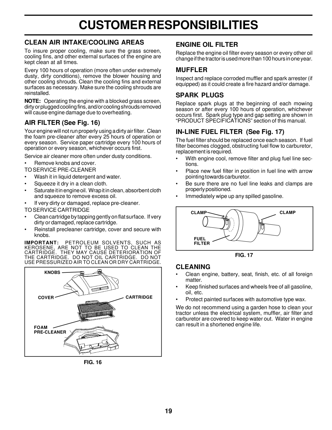 Poulan 178112 owner manual Clean AIR INTAKE/COOLING Areas, Engine OIL Filter, Muffler, Spark Plugs, Cleaning 