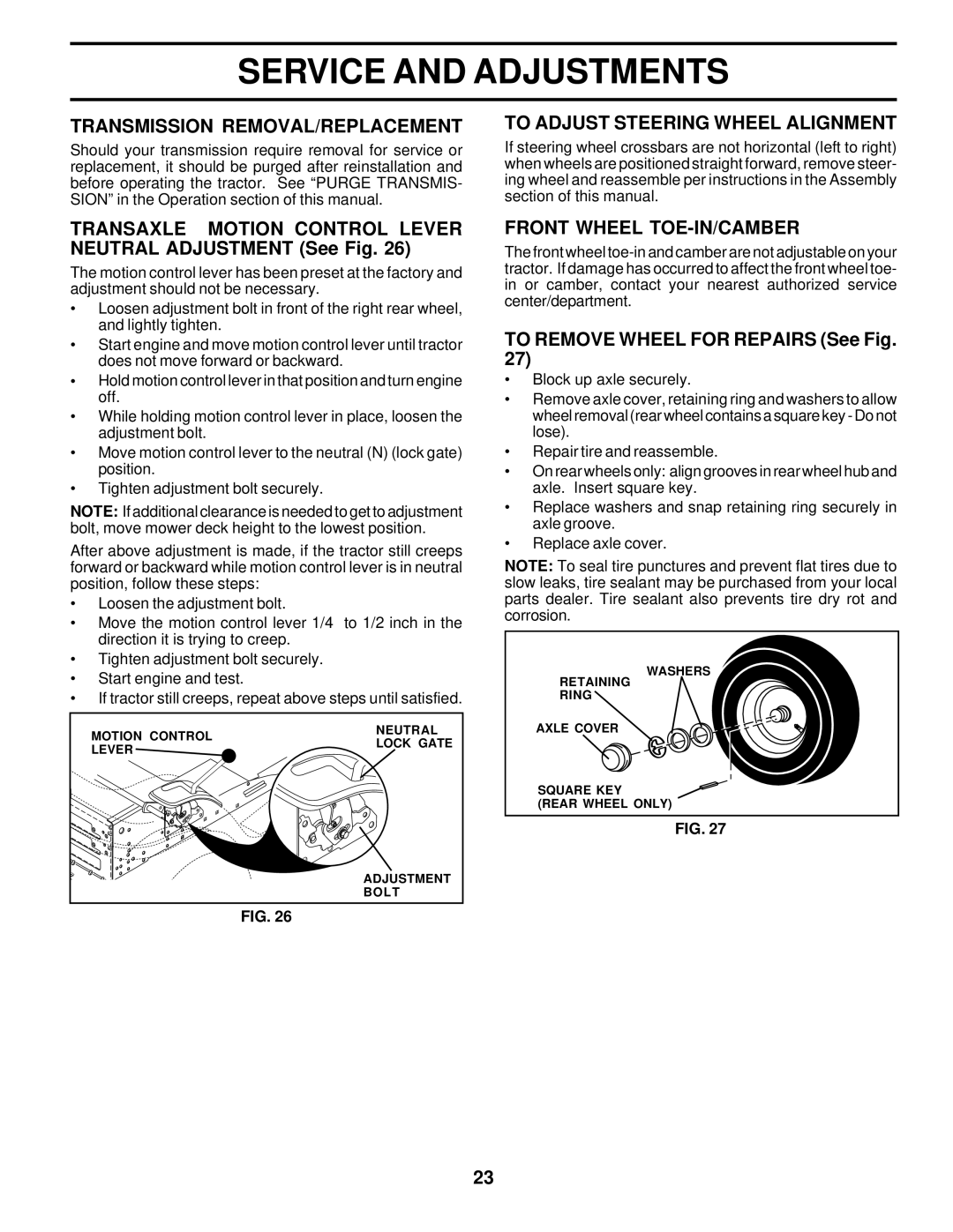 Poulan 178112 owner manual Transmission REMOVAL/REPLACEMENT, Transaxle Motion Control Lever Neutral Adjustment See Fig 