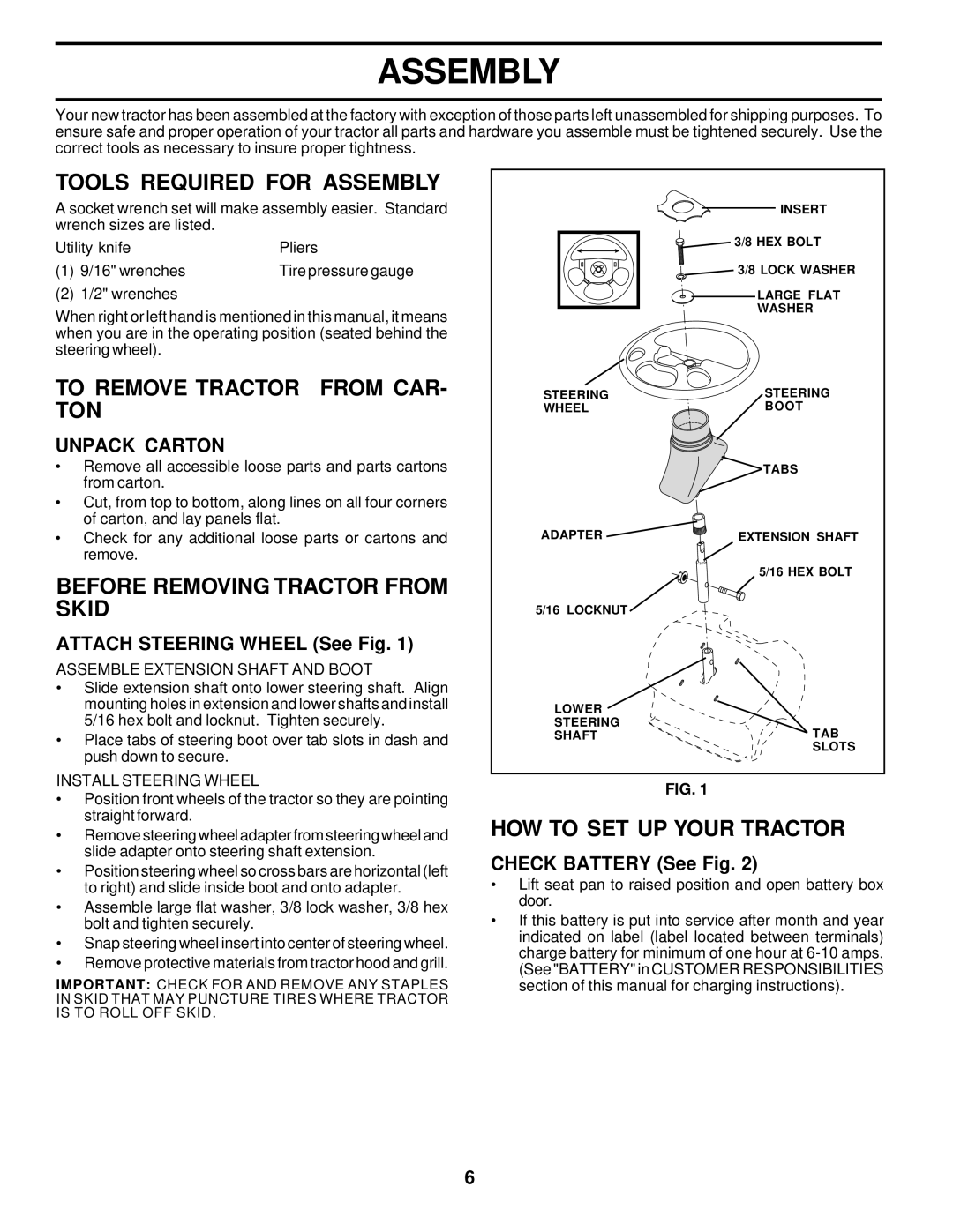 Poulan 178112 Tools Required for Assembly, To Remove Tractor from CAR- TON, Before Removing Tractor from Skid 