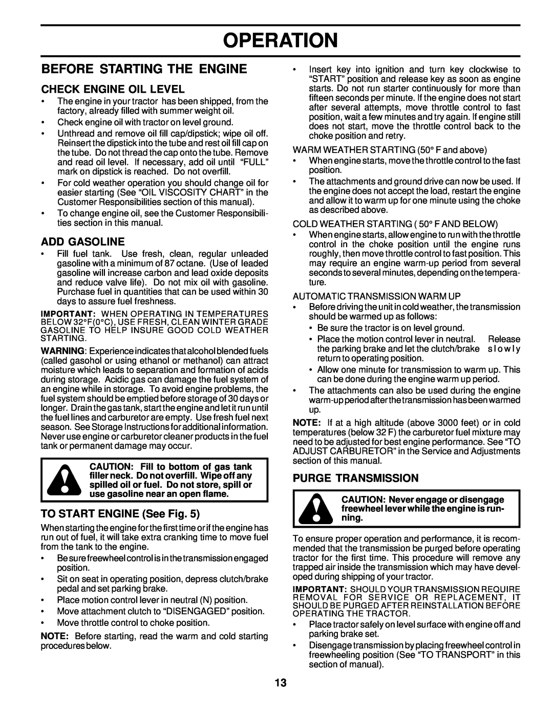 Poulan 178227 Before Starting The Engine, Check Engine Oil Level, Add Gasoline, TO START ENGINE See Fig, Operation 