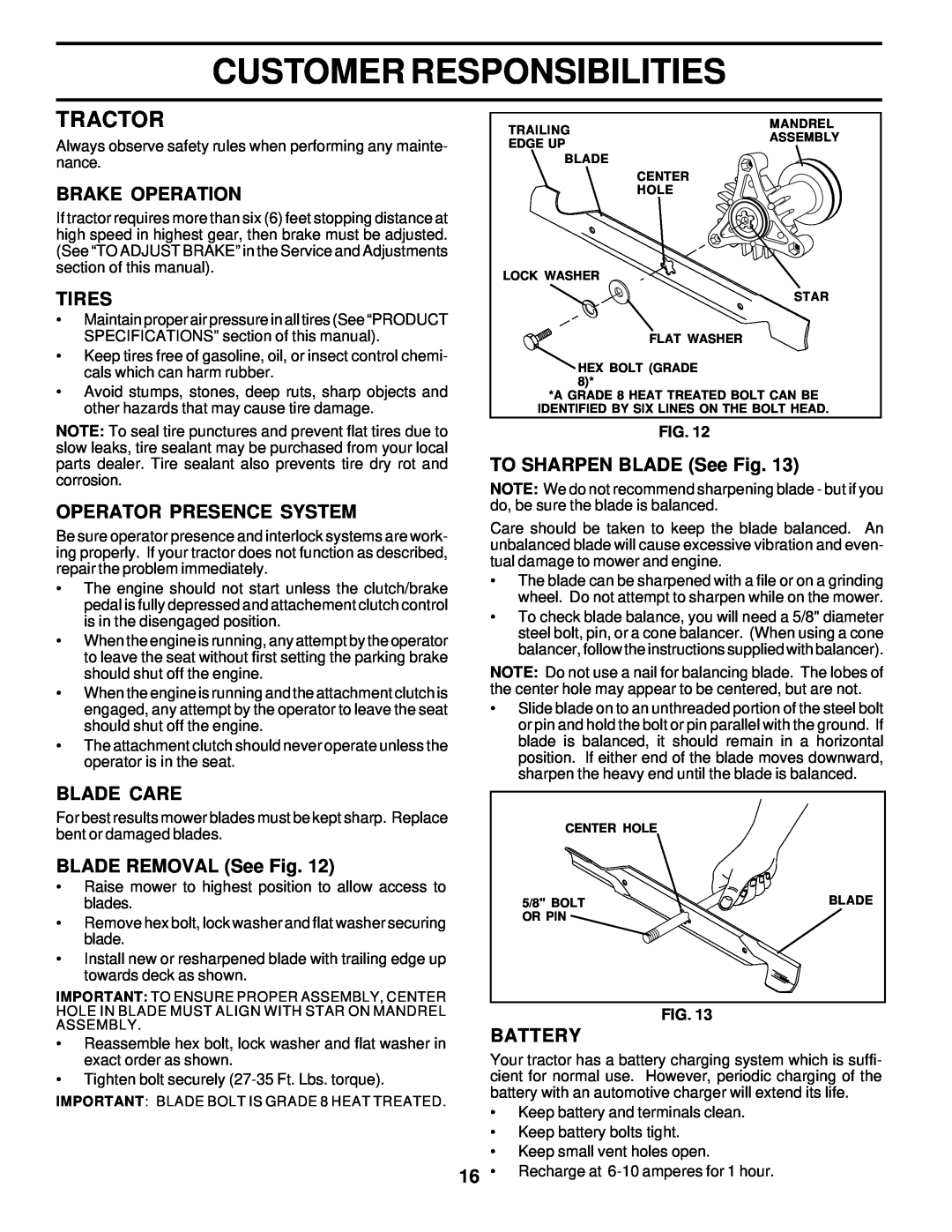 Poulan 178227 Tractor, Brake Operation, Tires, Operator Presence System, TO SHARPEN BLADE See Fig, Blade Care, Battery 