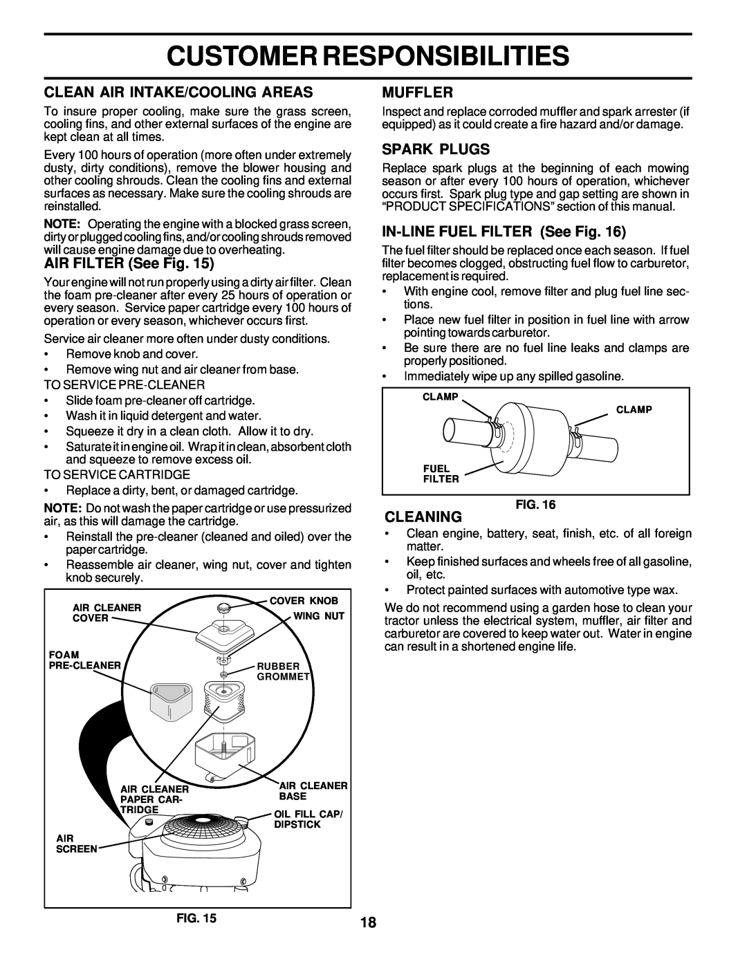 Poulan 178227 Clean Air Intake/Cooling Areas, AIR FILTER See Fig, Muffler, Spark Plugs, IN-LINE FUEL FILTER See Fig 