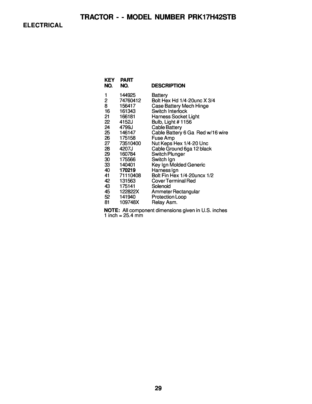 Poulan 178227 owner manual TRACTOR - - MODEL NUMBER PRK17H42STB, Electrical, 144925 