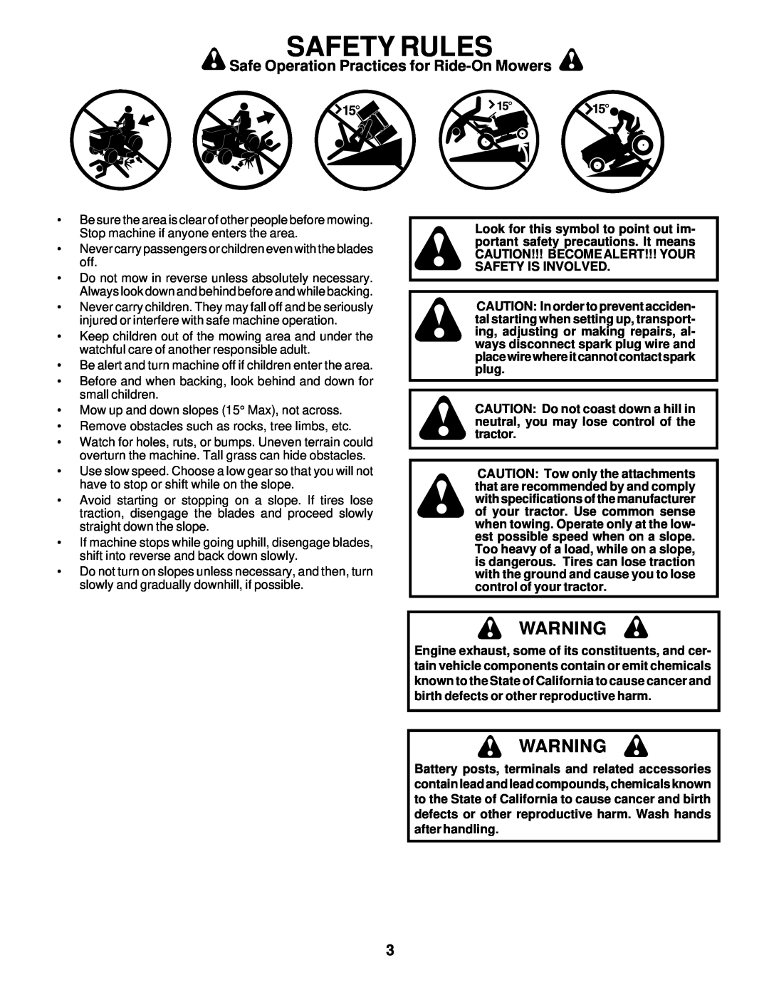 Poulan 178227 owner manual Safety Rules, Safe Operation Practices for Ride-On Mowers 