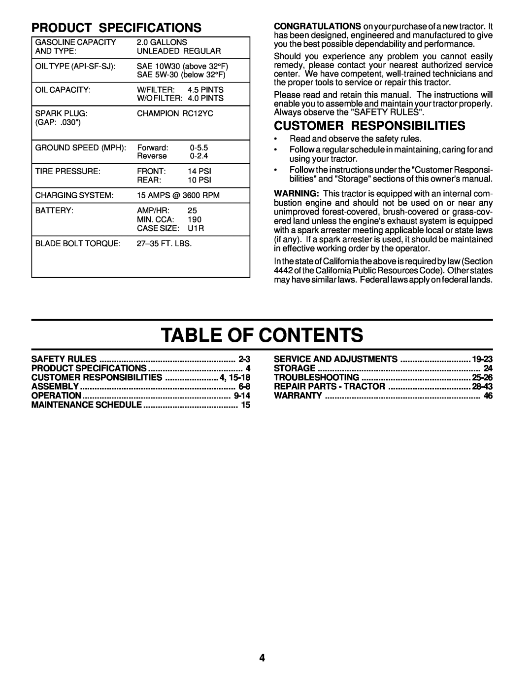 Poulan 178227 owner manual Table Of Contents, Product Specifications, Customer Responsibilities 