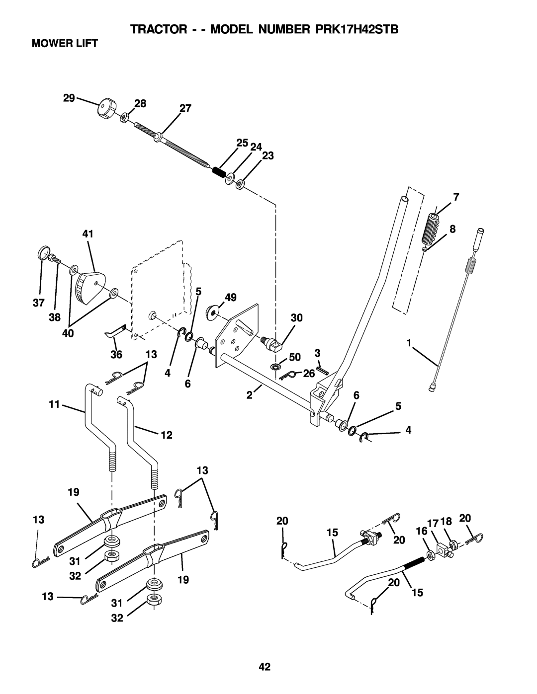 Poulan 178227 owner manual Mower Lift, TRACTOR - - MODEL NUMBER PRK17H42STB 