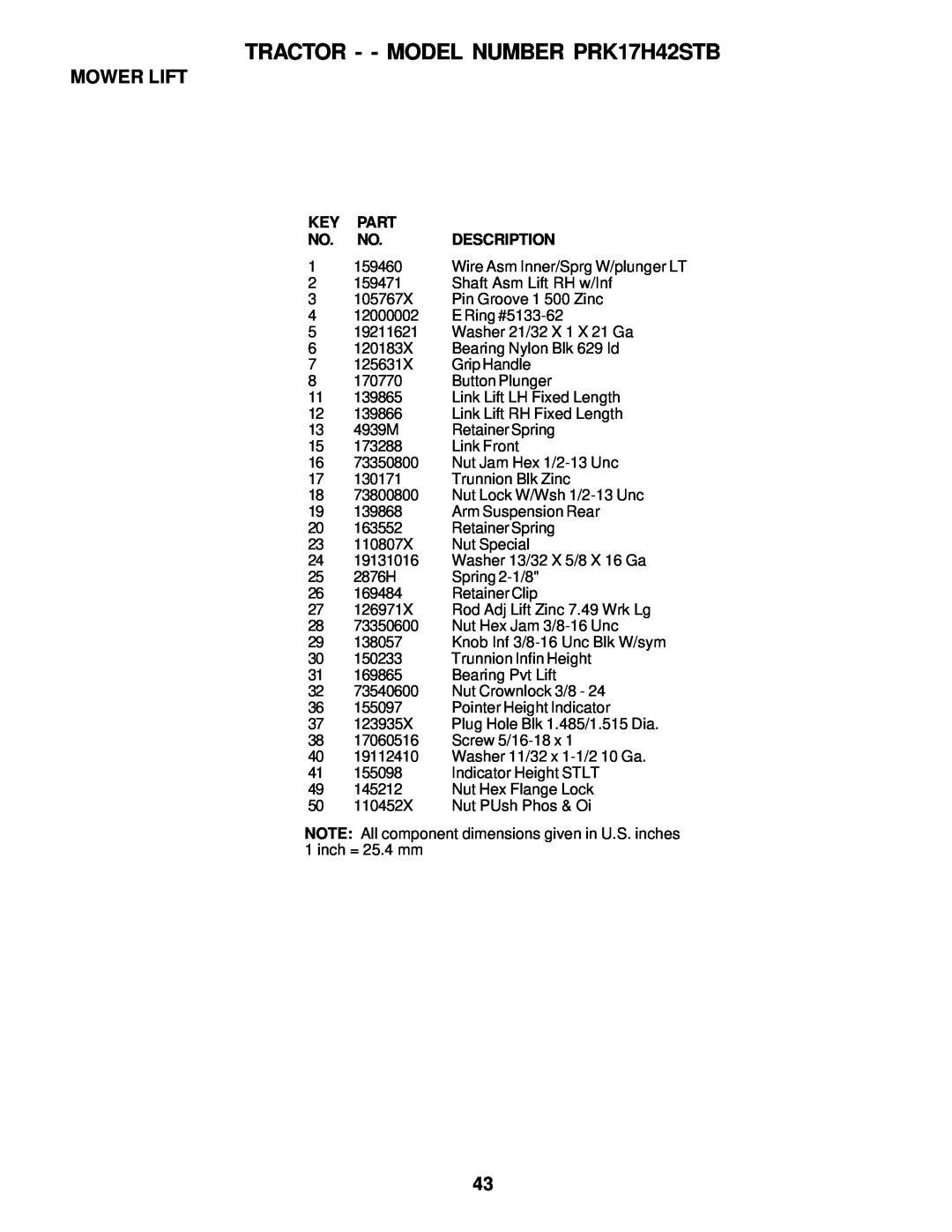 Poulan 178227 owner manual TRACTOR - - MODEL NUMBER PRK17H42STB, Mower Lift, Washer 11/32 x 1-1/2 10 Ga 