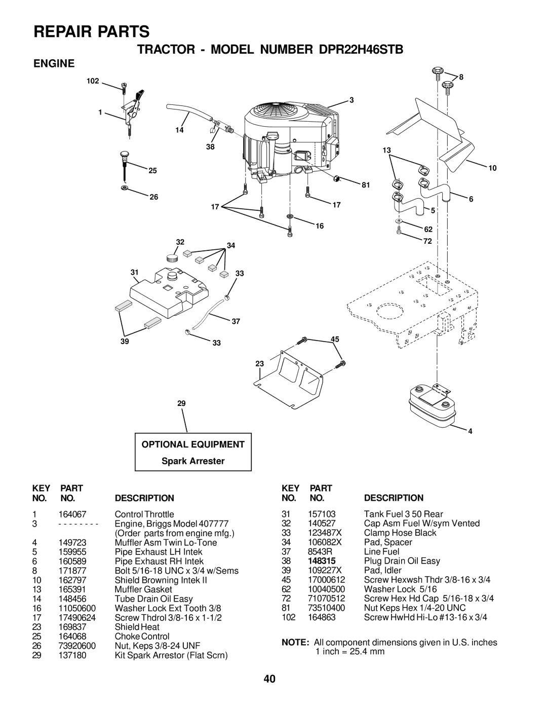 Poulan 178249 owner manual Engine, Spark Arrester, Control Throttle, 148315 